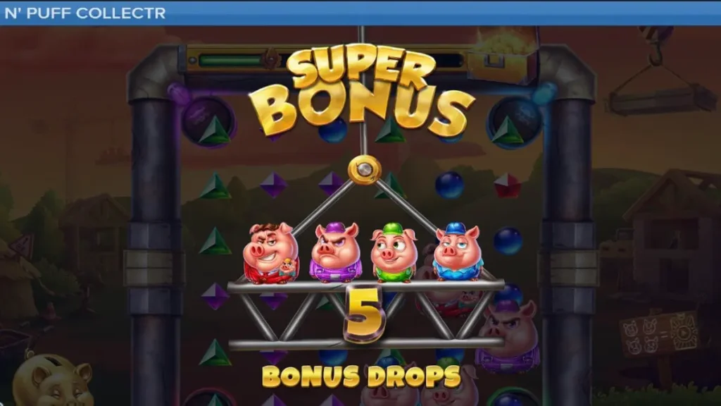 Tampilan visual slot Huff n Puff CollectR dengan tema konstruksi babi