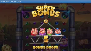 Tampilan visual slot Huff n Puff CollectR dengan tema konstruksi babi