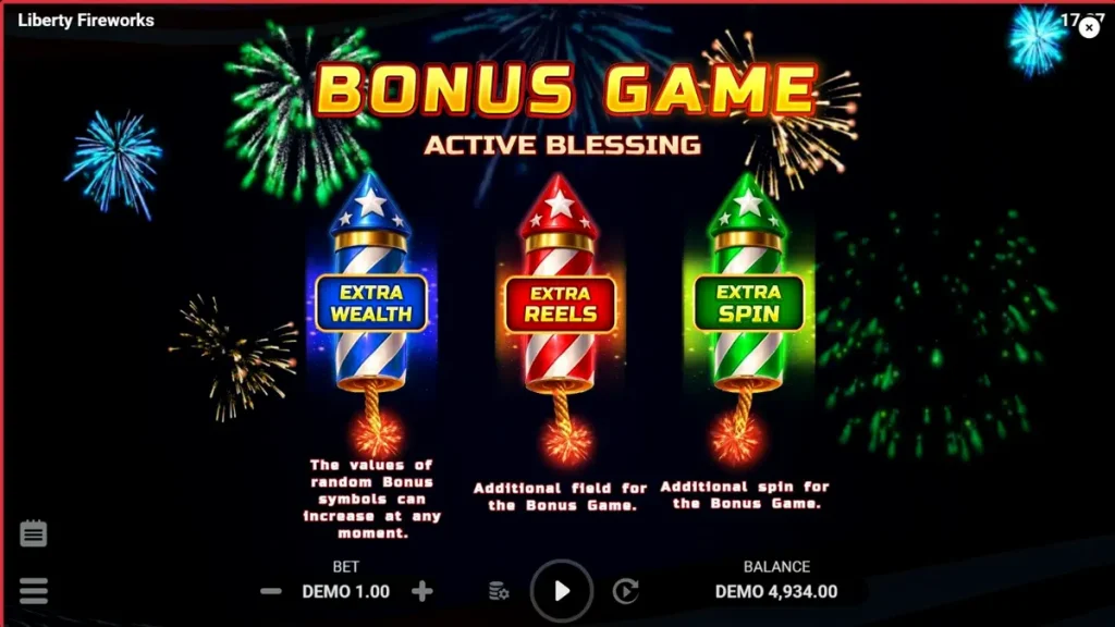 Tampilan visual slot Liberty Fireworks 3 Pots dengan tema kembang api dan simbol patriotik